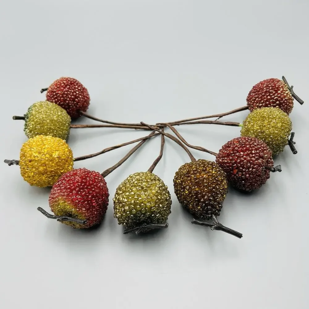 9 Vtg Glass Sugared Beaded Fruit Floral Picks Xmas Ornaments Apples Pear Jeweled